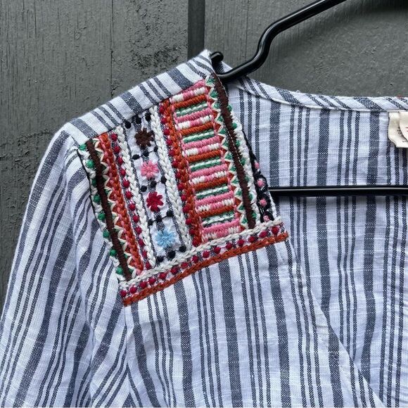 Small Raga Women’s Striped cropped Boho Blouse with Button & Embroidered Details - Picture 2 of 13